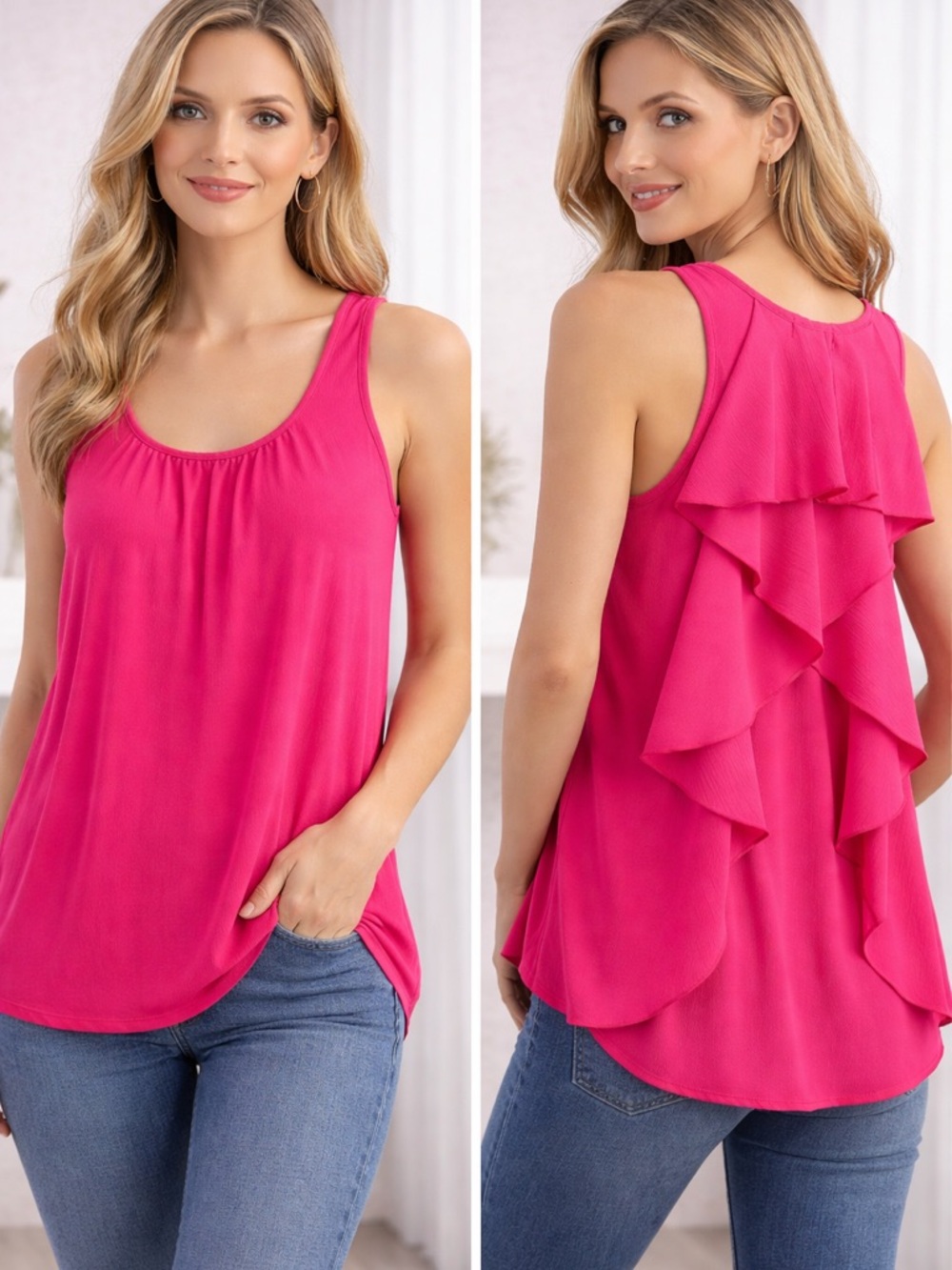 The Nines Ruffle Back Sleeveless Tank Top - Hot Pink